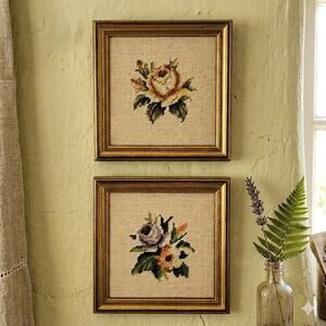 VTG Framed Floral Needlepoint Rose Bouquet Wall Art Cottage Shabby PAIR 8.75"